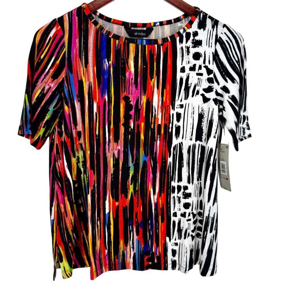NEW NWT Ali Miles Sz PXS Petite Colorful Wearable Art Tropical Blouse Shirt Top